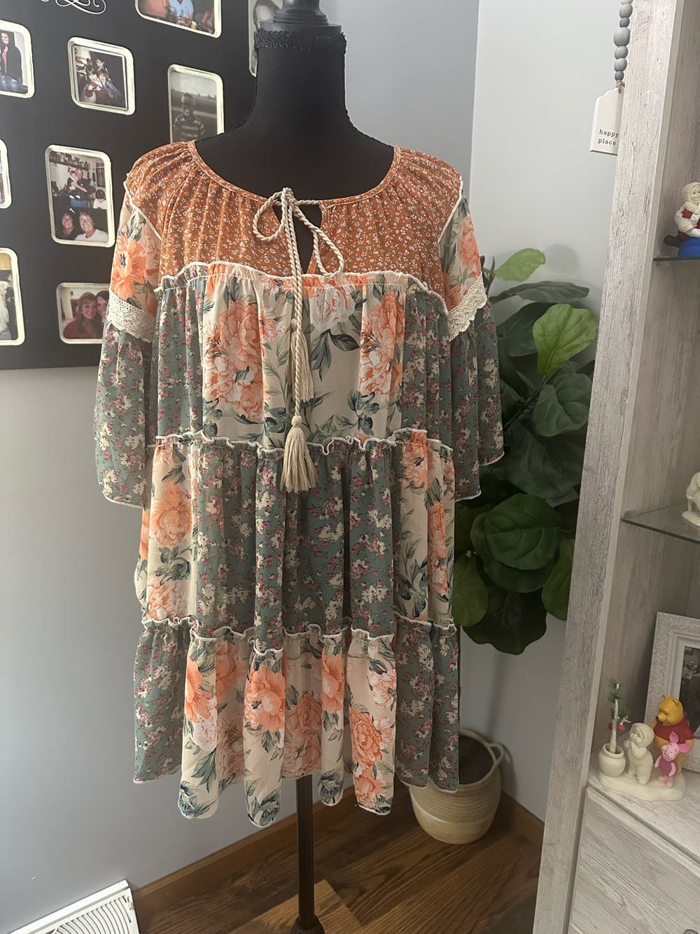 GiGiO Floral Tiered Mini Dress in Peach & Sage PTP 25